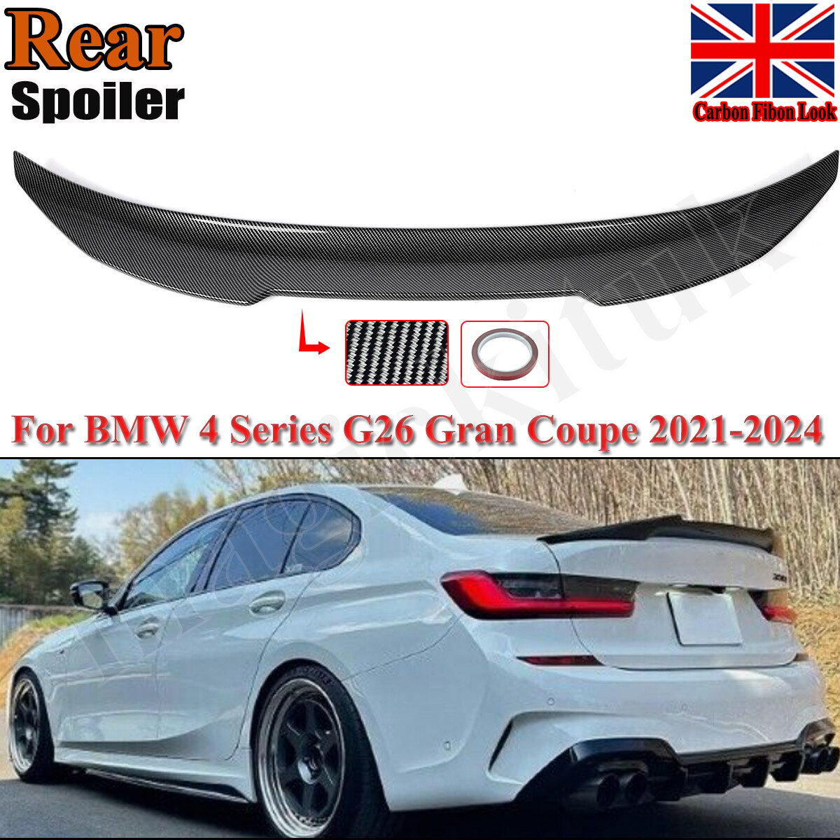 For BMW 4 Series G26 4-Door PSM Style Rear Trunk Spoiler Lip Carbon Look 2021-24