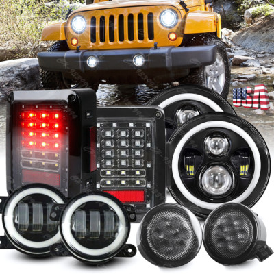 130W 7'' Halo LED Headlights Tail Fog Light Turn Signal For Jeep 07+ Wrangler JK