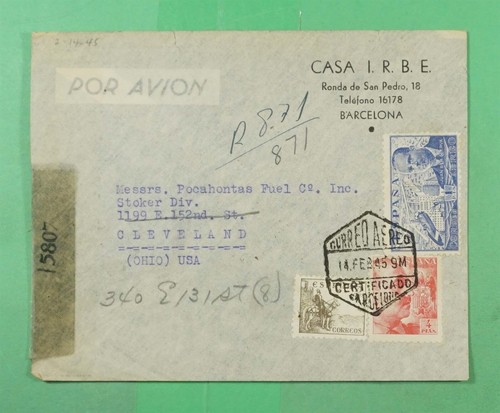 DR WHO 1945 SPAIN WWII CENSORED BARCELONA AIRMAIL TO USA REGISTERED m11511