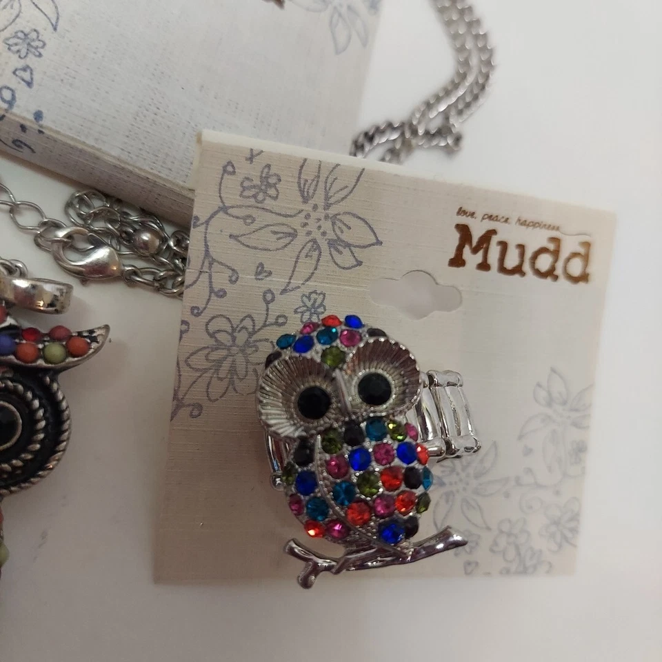 NUEVO CON ETIQUETAS Collar Colgante Búho Plata Mudd y Anillo Ajustable Estrás Multicolor  Foto 3 de 4