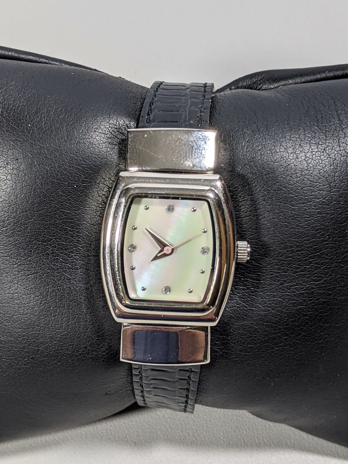 Mary Kay Pearlized Dial Reversible Brown Black Leather Band Silver Tone Watch 