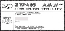 1977 QSL: ZYJ 465 Radio Relogio Federal, Rio de Janeiro, Brazil