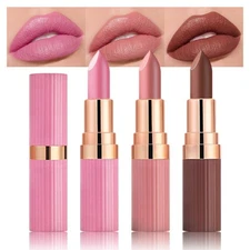 evpct 3Pcs Matte Creamy Lipsticks Set Light Hot Nude Pink Brown Lip Stick Set...