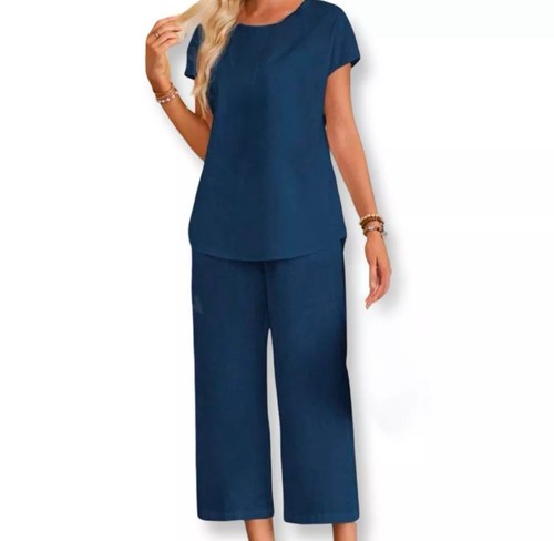 Emery Rose Blue Two Piece Top & Pants Elastic Waist Wide Leg Set NWT Size M