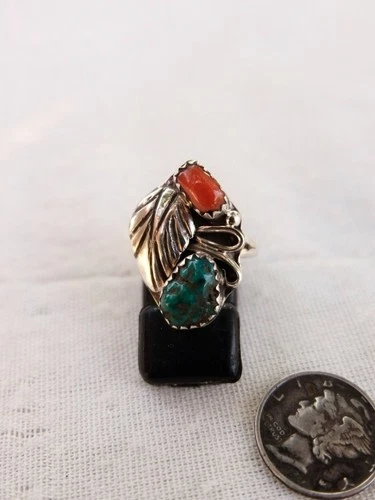 Vintage Navajo Sterling Silver Turquoise & Red Coral Leaf Ring Size 7.75 3.9g