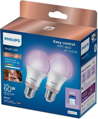 Philips Smart LED WiZ E27 2er-Set   Full Color & Warm to Cool, 8,5W (60W), WLAN,