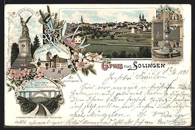 Lithograph Solingen, railway bridge, gunsmith, Castle Burg a. d. Wuppe 