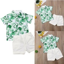 Toddler Baby Boy Summer Outfit Set Leaf Print Shirt Tops Solid Shorts Casual Set