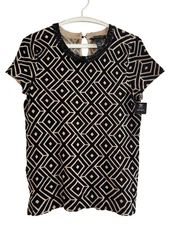 INC Beaded Collar Large Womens Rayon Blend Black Ivory Geometric Short Sleeve To