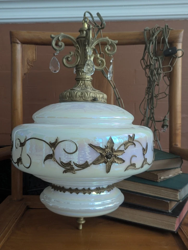 MCM Vtg Carl Falkenstein Glass Opalescent Swag Art Lamp Globe Hollywood Regency - Image 3 of 4