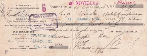 14 francs - bank check receipt - pet oil and essence refineries
