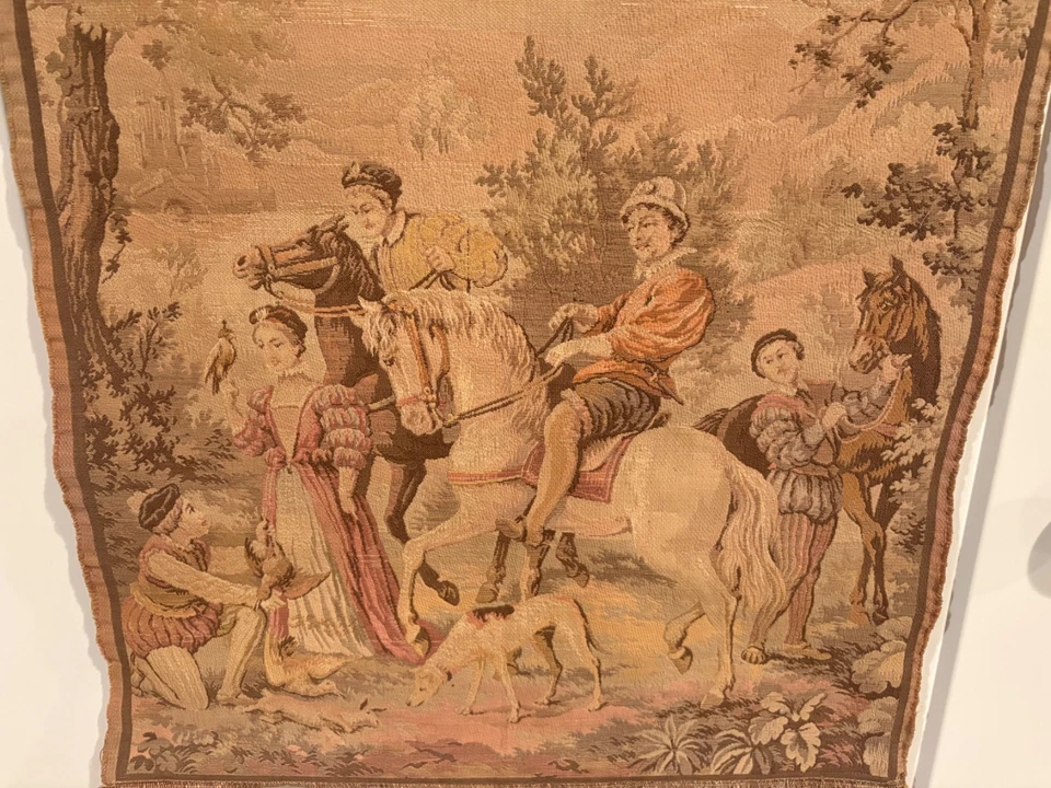 VTG Aubusson Style French France Woven Hunting Tapestry Horses Dog Falcon - Image 2 of 4