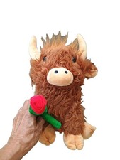 Plush Sitting Scottish Highland Cow Shaggy Fur w/ Red Rose  horns 11" ADORABLE