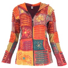 Bunte Patchwork Jacke, Boho Unikat Hippie Jacke mit Zipfelkapuze - orange