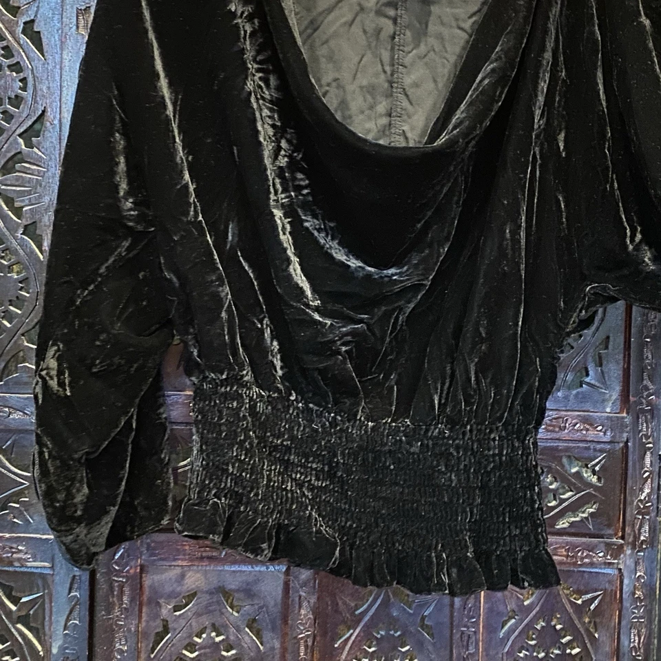 VTG Womens L Black Crushed Velvet Top Smock Waist Y2K Whimsigoth Witchy Boho - Image 2 of 4