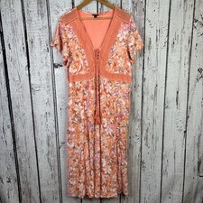 Torrid Plus Size 2X 18-20 Lace Up Tea Length Dress Crinkle Gauze Floral Coral