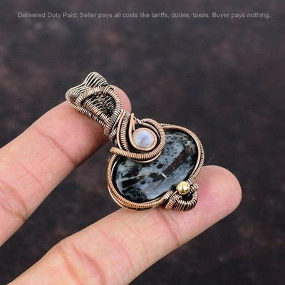 Natural Astrophyllite Rainbow Moonstone Wire Wrapped Boho Pendant Jewelry Copper