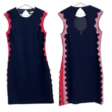 Trina Turk Dress Womens 6 Navy Pink Lace Trim Sleeveless Sheath Cocktail