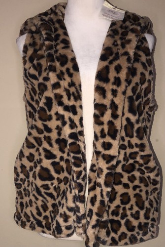NWT Boutique Faux Leopard Print Hooded Fur Vest Pockets Size M/L