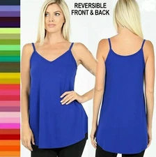 Front & Back Reversible V Neck Tank Top Cami Sleeveless Long Tunic Solid Striped
