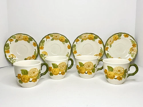 Vintage Poppy Trail Metlox Pottery Coffee Tea Cup Mug Saucer Sculptured Zinnia