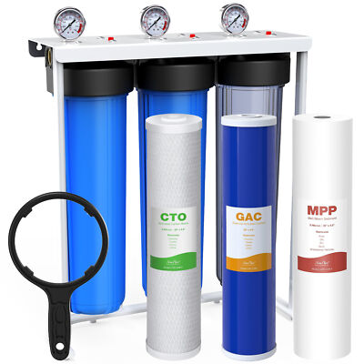 20'' PP+GAC+CTO Big Blue 3-Stage Whole House Water Filter System Pressure Gauges