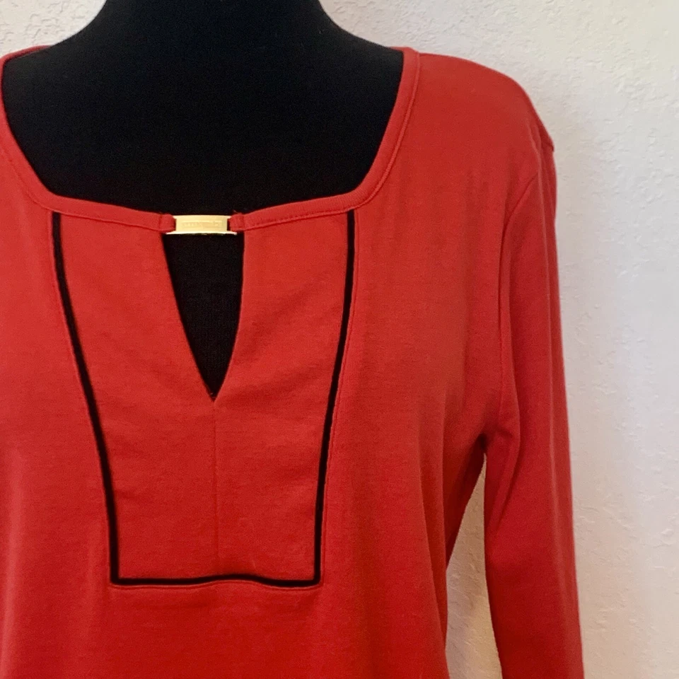 Top túnica Ellen Tracy talla LG rojo manga 3/4 blusa con escote ojo de cerradura algodón Foto 2 de 4