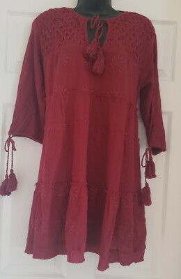 NEW WOMEN INDIGO THREAD BOHO CHIC VINTAGE TIE NECK 3/4 SLEEVES PEASANT TOP SZ M