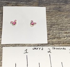 Tiny Pair of Mickey Mouse Post Earrings Silver Tone with Pink Rhinestone