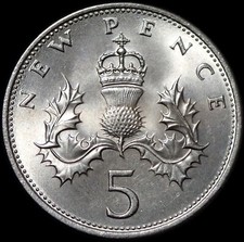 UK coin 5 new pence 1969 QEII Queen Elizabeth young portrait UNC Britannia