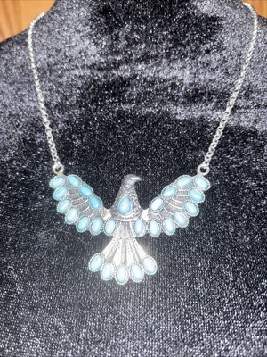 Turquoise Eagle Necklace with Silver Feathers Beautiful Piece 20-23 Inches