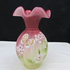 Fenton Topaz Amberina Butterfly Solstice Hand Painted Vase Special Order GLOWS!!