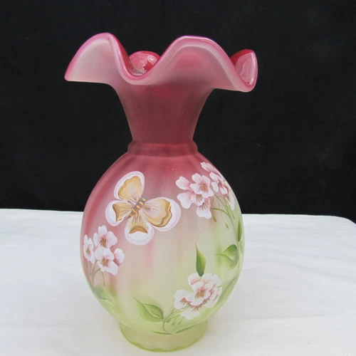 Fenton Topaz Amberina Butterfly Solstice Hand Painted Vase Special Order GLOWS!!