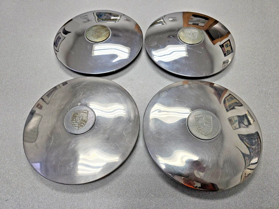 JUEGO DE TAPACUBOS CROMADOS USADOS PORSCHE 356C 356SC 911 912 914-6 CON TAPA CENTRAL NLA #44 Foto 2 de 4