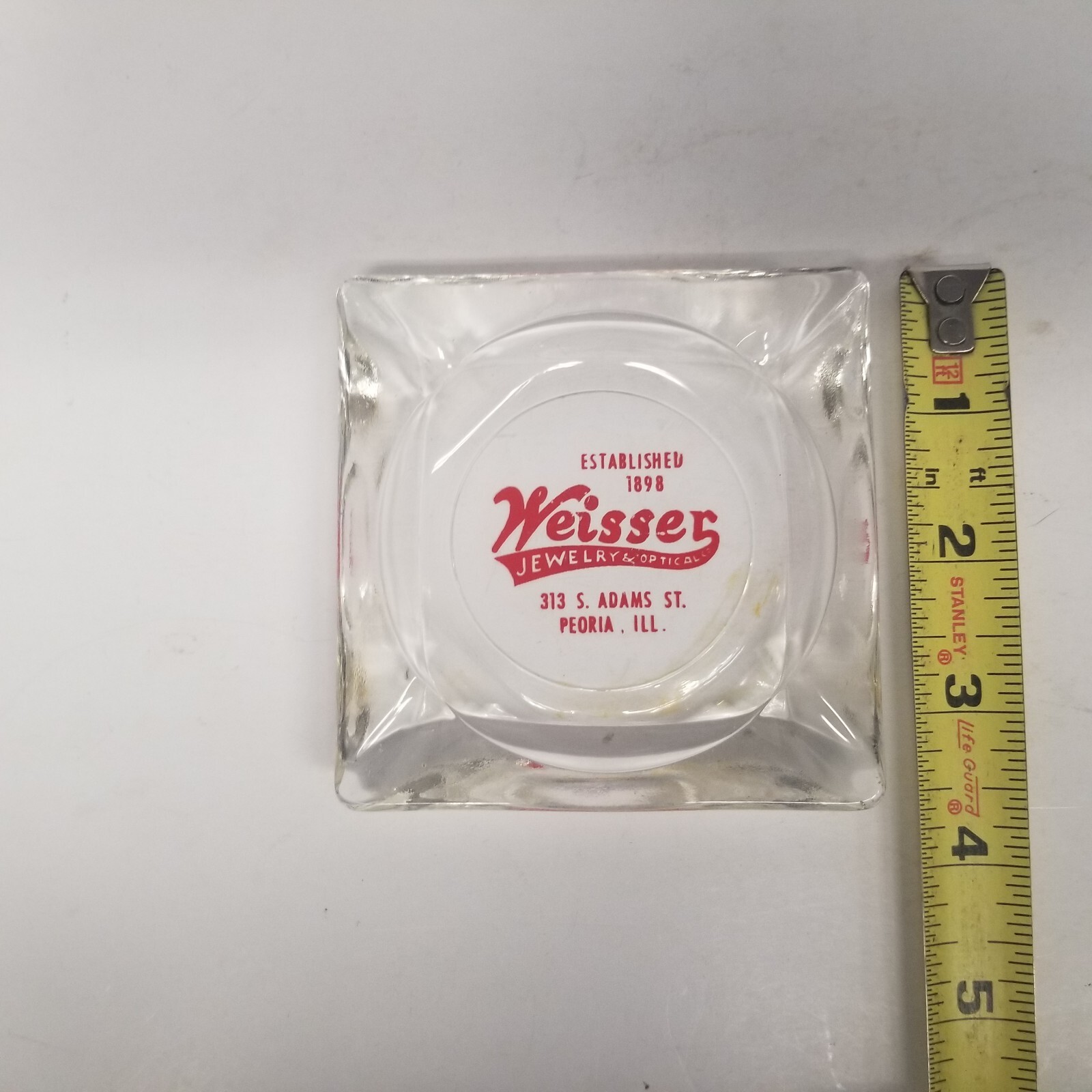 Vintage Weisser Jewelry & Optical Small Glass Tabletop Ashtray, Peoria, Illinois