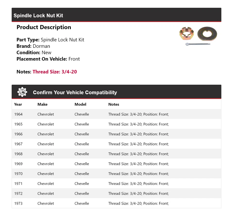 Kit de tuercas de bloqueo de husillo delanteras 1965 1966 para Chevrolet Chevelle Dorman 1964-1973 Foto 2 de 4