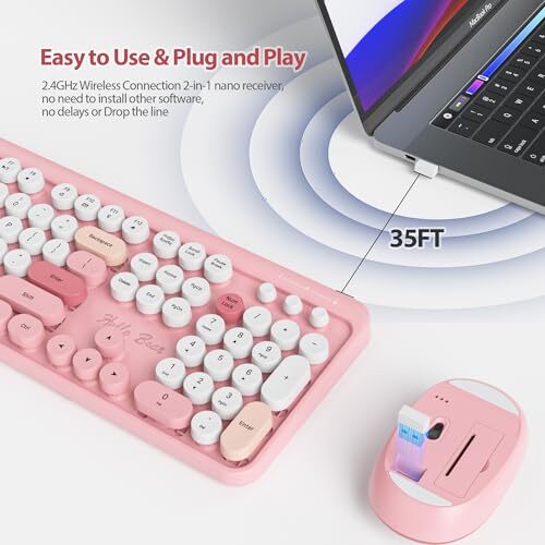 Wireless Keyboard and Mouse Combo Pink Retro Typewriter Keyboard 2.4GHz Full ... - Picture 3 of 7