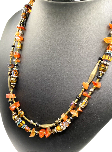 Vintage Chico's Double Strand Necklace Agate & Faceted Glass Beads Brass Spacers - Picture 9 of 10