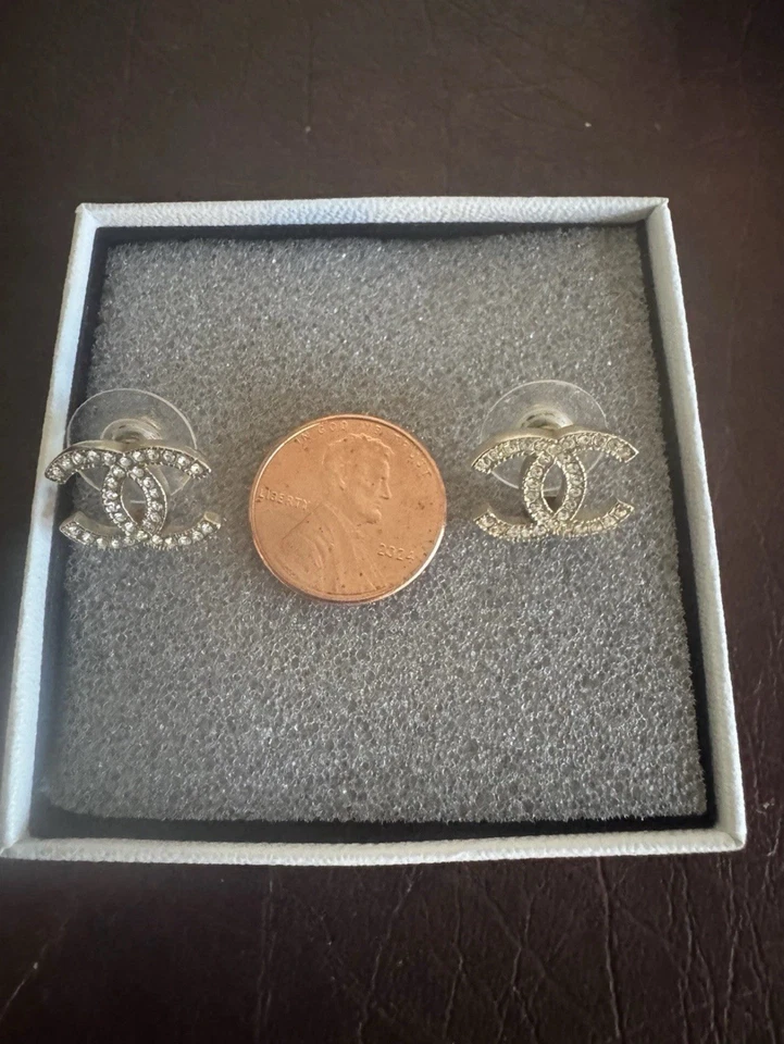 Authentic Chanel Rhinestone CC Gold Tone Stud Earrings - Image 2 of 4