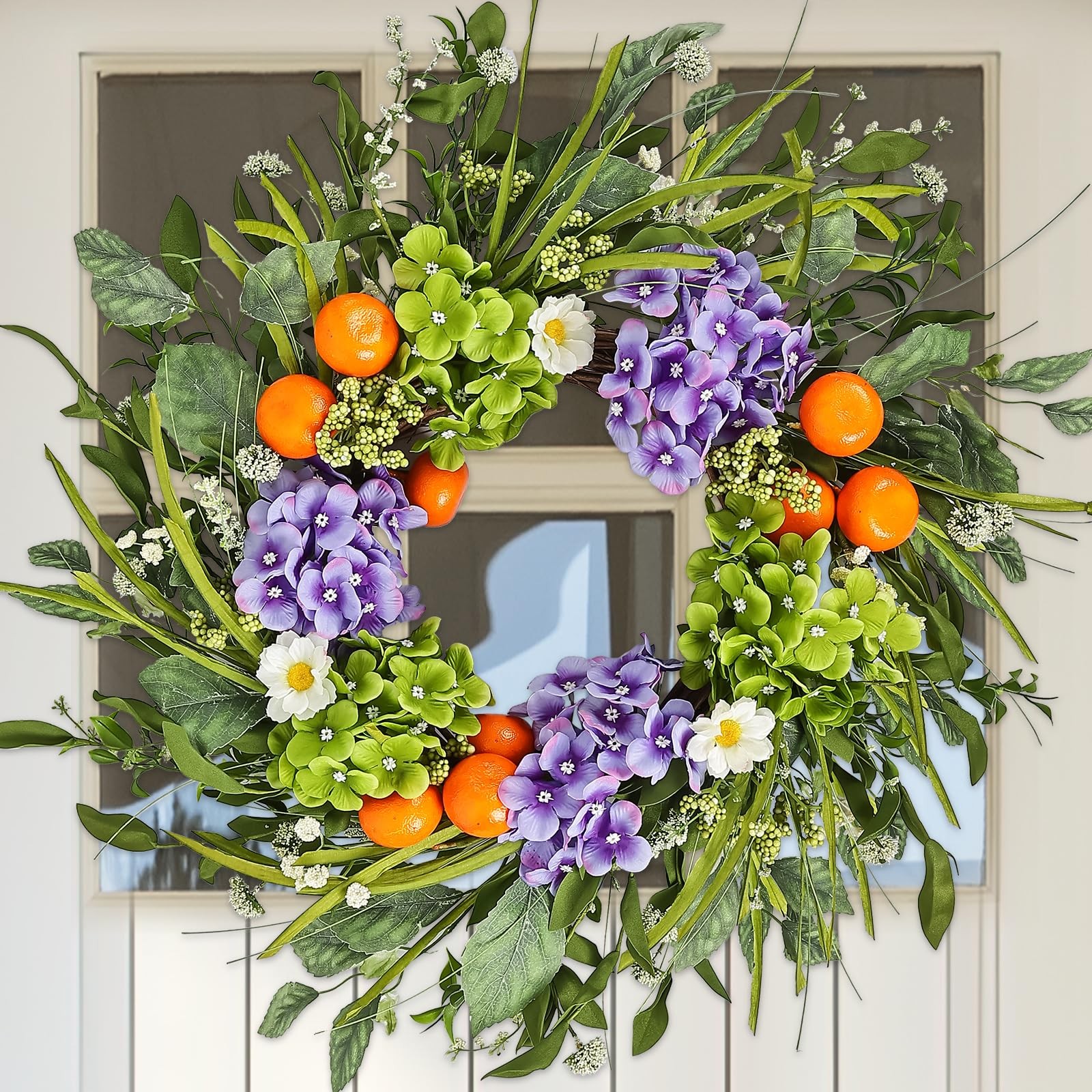 24 Inch Hydrangea Spring Summer Wreath with Realistic Fruit and Green Leaves Floral Decor