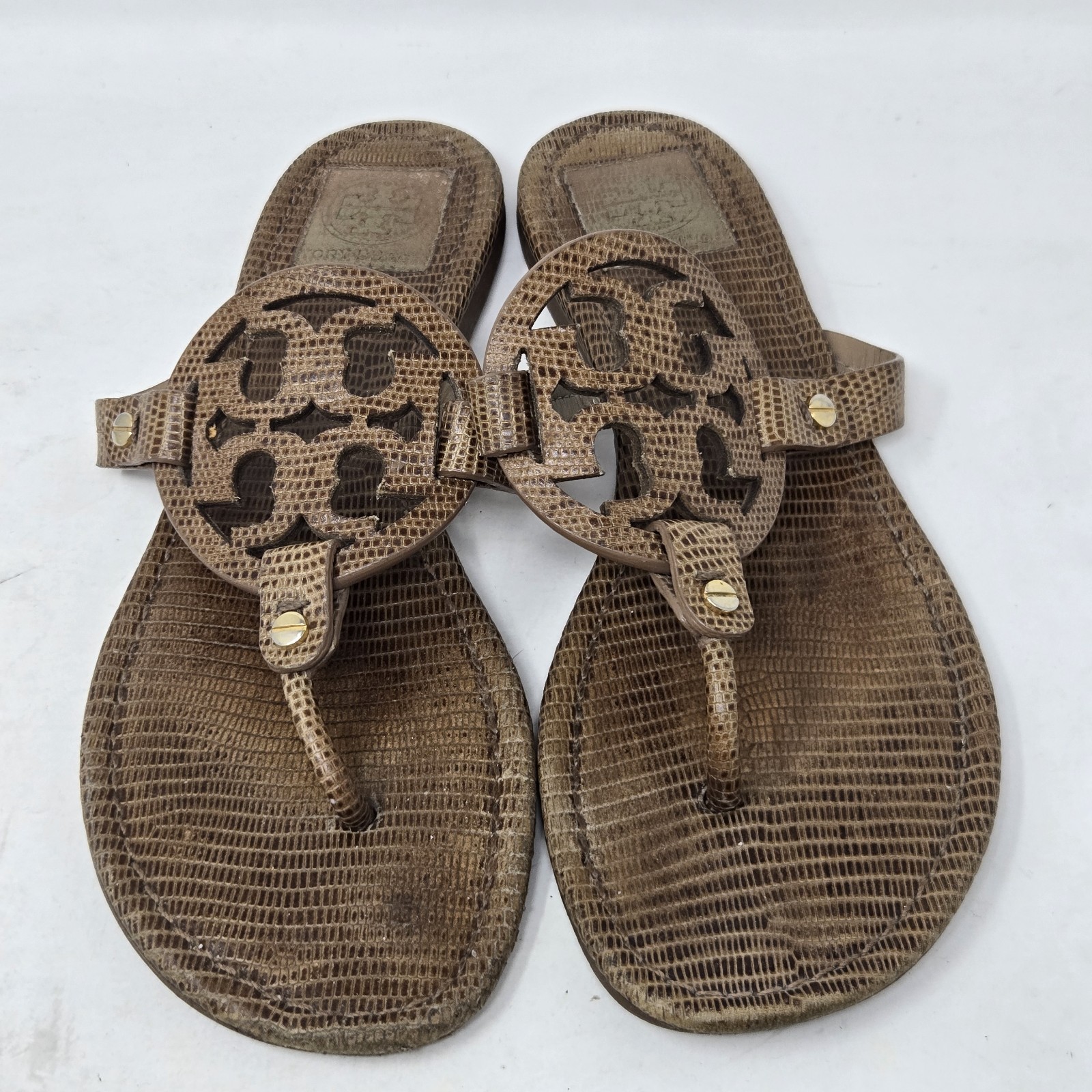TORY BURCH Women's Logo Brown Snakeskin Miller Flip Flops Size 9 thumbnail 2