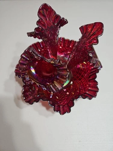 Vintage Fenton Art Glass Carnival Iridescent Red Diamond Lace 3 Horn Epergne EUC