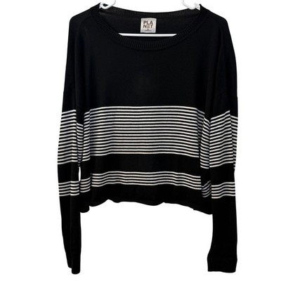 Planet by Lauren G Pima Cotton Modal Striped Boxy Knit Sweater Black White OS