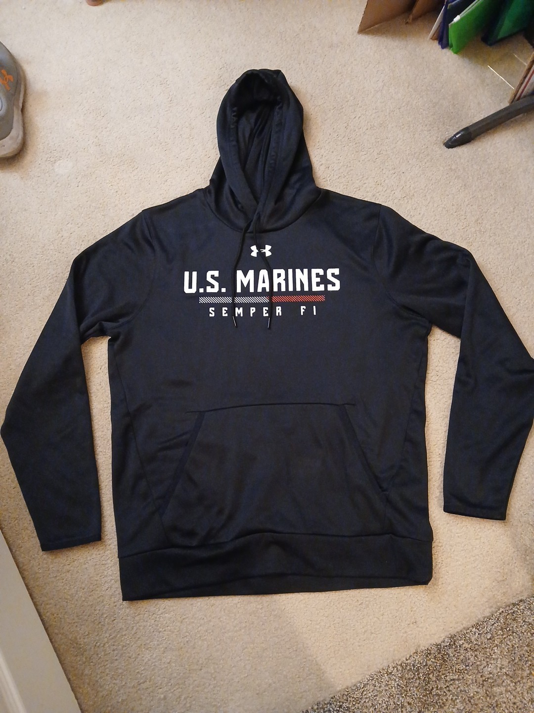 US Marines Under Armour Hoodie Men's Large Semper Fi Black Loose Pullover USMC