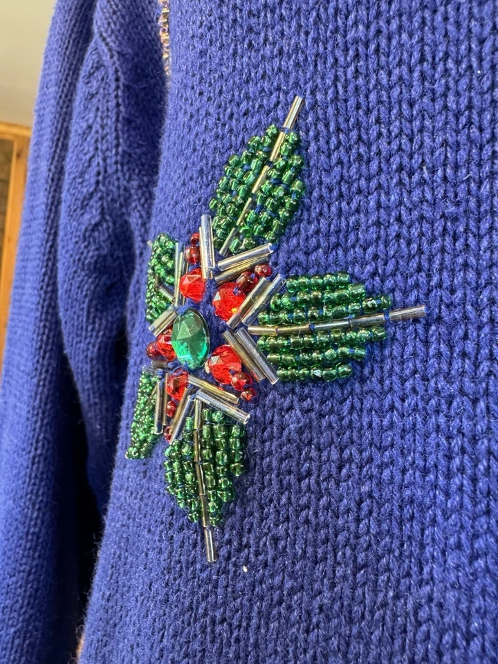 Suéter Navidad Karen Scott Vintage Para Mujer Talla L Púrpura Azul Bordado Años 90 Foto 3 de 4