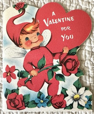 Vintage Valentine Elf Pixie Fairy Rose Flower Greeting Card Norcross 1940s 1950s