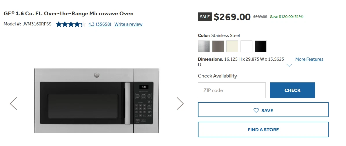 GE JVM3160RFSS 1.6 cu.ft 1000W Microwave Oven