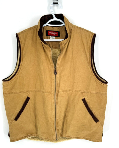 VTG Wrangler Hero Khaki Trucker Sherpa Lined  Brown Corduroy Winter Vest Sz XL - Picture 1 of 14
