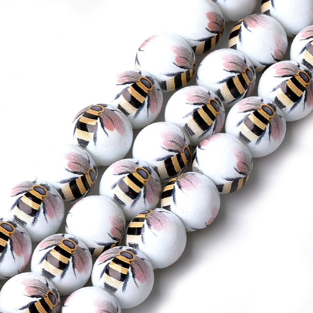 Bumble Bee Beads Glass 12mm White Wasp Feature Design Inscet Summer Time