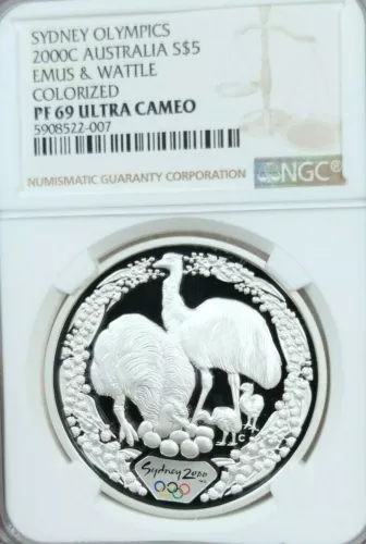 2000 AUSTRALIA SILVER 5 DOLLARS EMUS & WATTLE COLORIZED NGC PF 69 ULTRA CAMEO